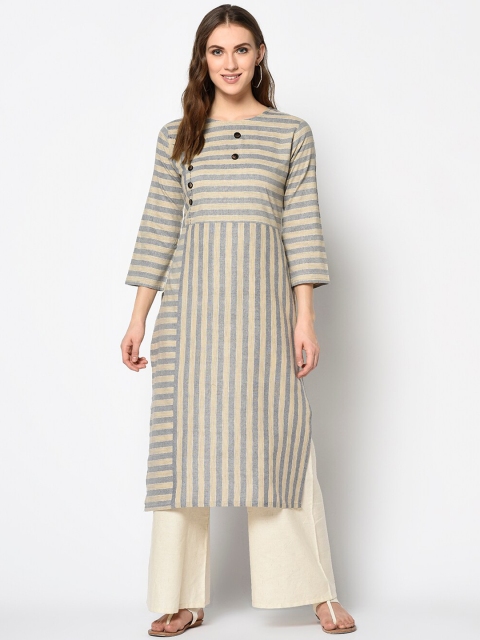 

Kvsfab Women Navy Blue & Beige Striped Straight Kurta