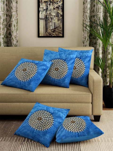 

DREAM WEAVERZ Set of 5 Blue & Copper-Toned Self Design Square Cushion Covers