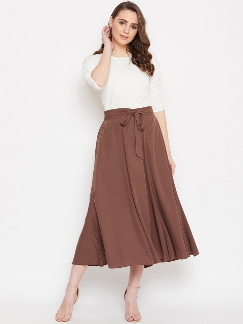 

Bitterlime Women Off-White & Coffee Brown Solid Top with Skirt