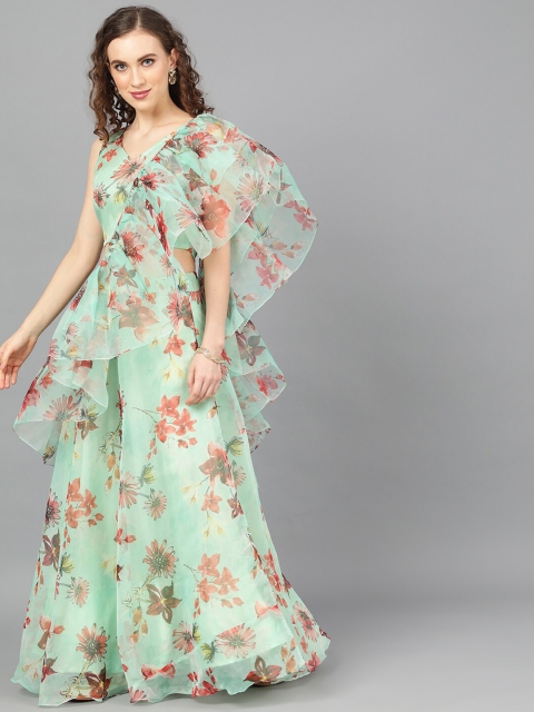 

AKS Sea Green & Maroon Floral Printed Ready to Wear Lehenga & Blouse with Dupatta