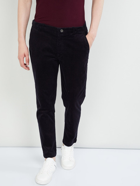 

max Men Navy Blue Regular Fit Solid Regular Trousers