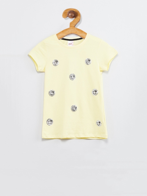 

max Girls Yellow Sequinned Round Neck T-shirt