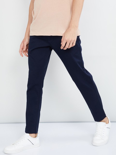 

max Men Navy Blue Regular Fit Solid Regular Trousers