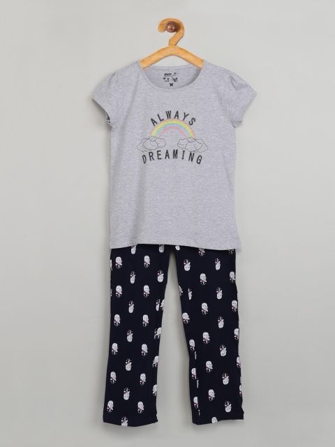 

max Girls Grey & Navy Blue Printed Night Suit