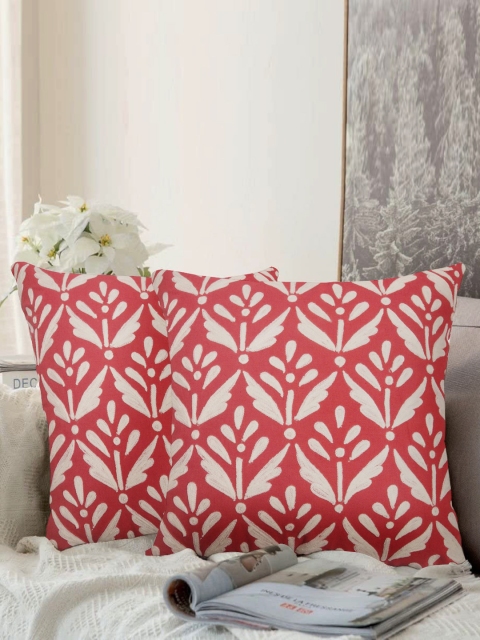 

LUXENMEAD Set of 2 Red & Off-White Embroidered Square Cushion Covers
