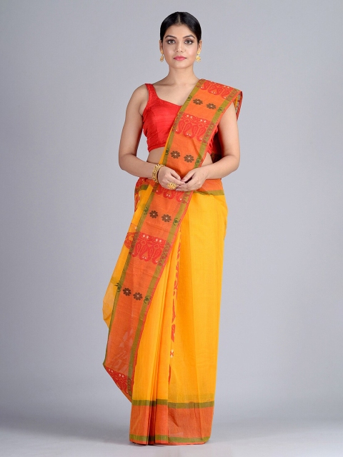 

Mitera Yellow & Orange Pure Cotton Woven Design Handloom Taant Saree