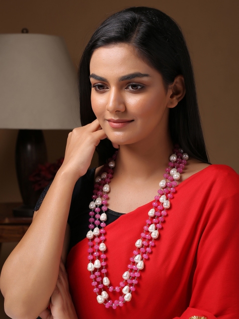 

Shoshaa Pink & White Quartz Statement Multistrand Necklace