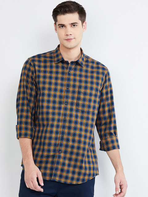 

max Men Navy Blue & Mustard Yellow Regular Fit Checked Casual Shirt