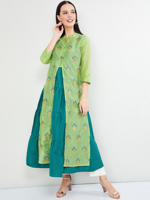 

max Women Green Embroidered A-Line Kurta With Jacket