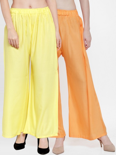 

TAG 7 Women Pack Of 2 Yellow & Peach-Coloured Solid Flared Palazzos