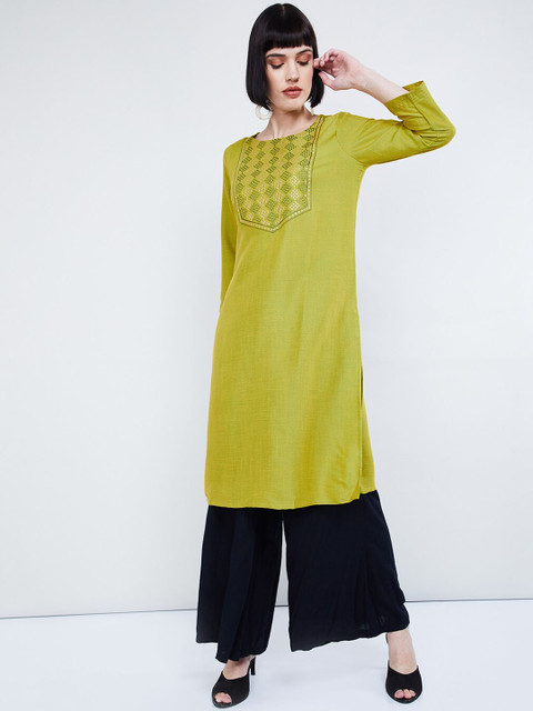 

max Women Lime Green & White Yoke Design Straight Kurta