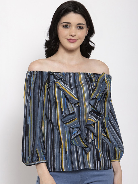 

Aujjessa Women Multicoloured Striped Bardot Top, Multi