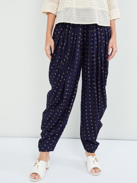 

max Women Navy Blue & Gold-Coloured Printed Dhoti Pants