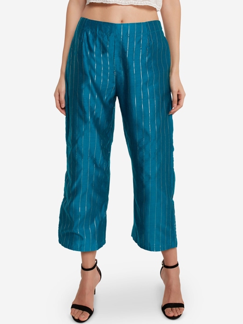 

Desi Weavess Women Teal Blue Striped Straight Palazzos