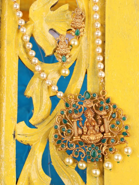 

ANIKAS CREATION Gold-Plated Green & Off-White Stone-Studded Beaded Maa Laxmi Temple Jewellery Set