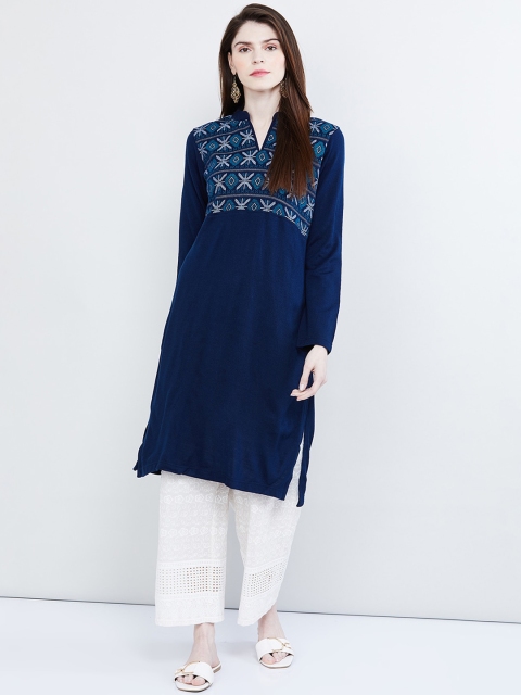 

max Women Blue Printed Straight Kurta