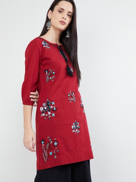 

max Women Red & Blue Embroidered A-Line Kurta
