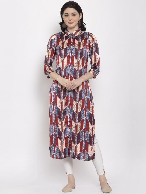 

Aujjessa Women Maroon & Blue Printed Straight Kurta