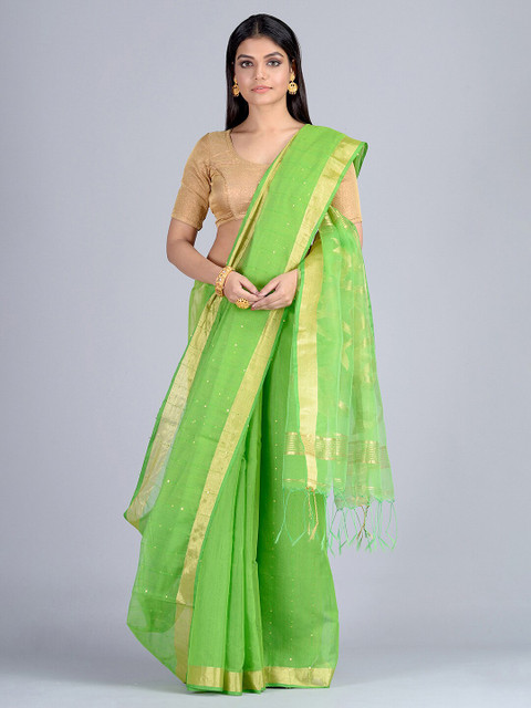 

Mitera Green & Gold-Toned Silk Cotton Woven Design Taant Saree