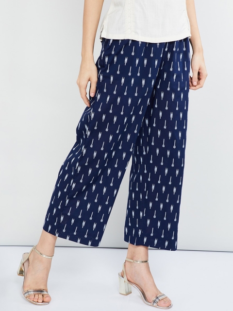 

max Women Blue & Off-White Printed Straight Fit Palazzos