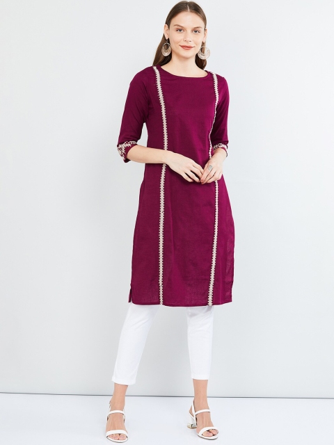 

max Women Purple Embroidered Straight Kurta