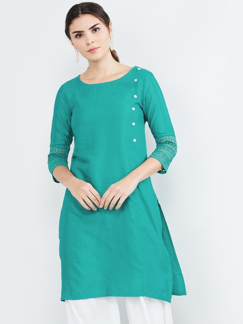 

max Women Turquoise Blue Solid Straight Kurta