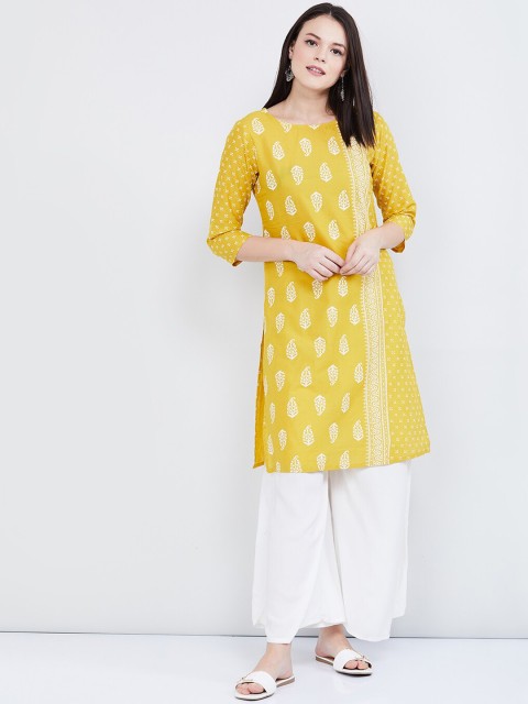

max Women Mustard Yellow Printed Straight Kurta
