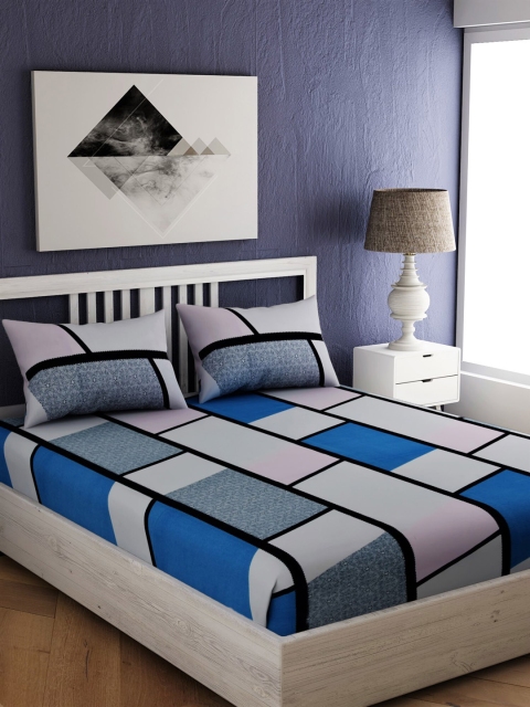 

EverHOME Blue & Grey Geometric 144 TC Cotton 1 Queen Bedsheet with 2 Pillow Covers