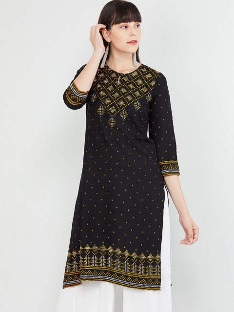 

max Women Black Printed Straight Kurta