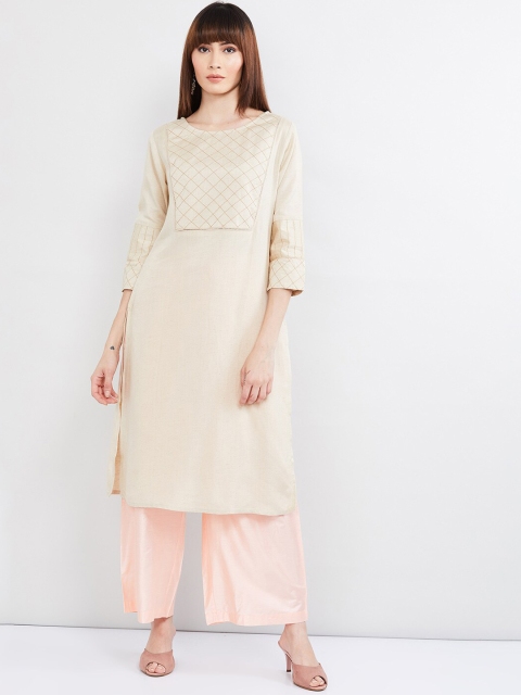 

max Women Beige Embroidered Straight Kurta