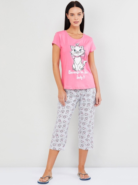 

max Women Pink & Grey Printed Night suit