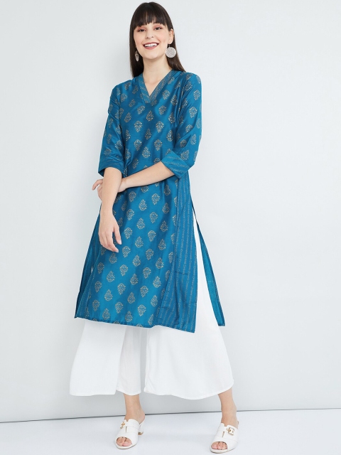 

max Women Blue Printed A-Line Kurta