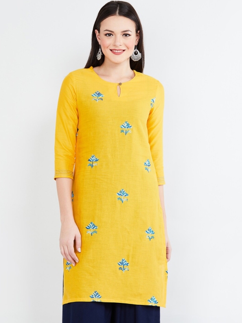 

max Women Mustard Yellow & Blue Floral Embroidered Straight Kurta