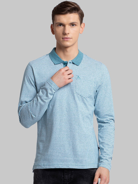

Parx Men Green& Off-White Striped Polo Collar T-shirt