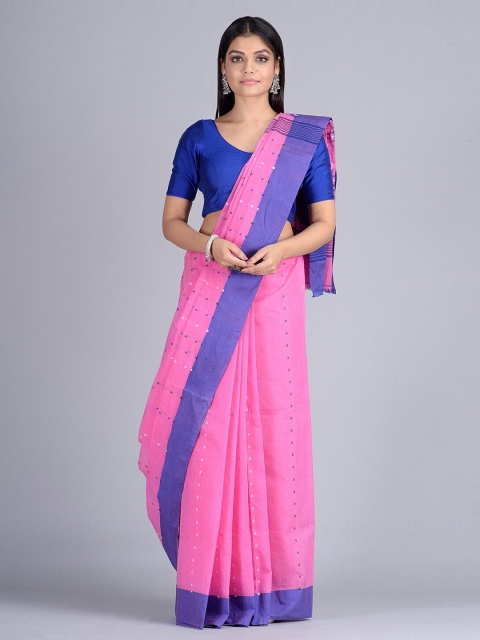 

Mitera Pink & Blue Pure Cotton Woven Design Handloom Taant Saree