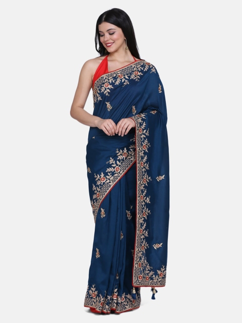 

BOMBAY SELECTIONS Navy Blue & Red Art Silk Embroidered Dharmavaram Saree