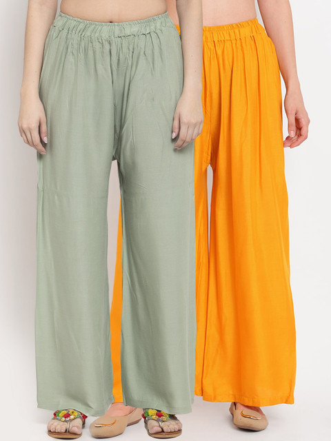 

TAG 7 Women Sage Green & Yellow Pack of 2 Solid Flared Palazzos