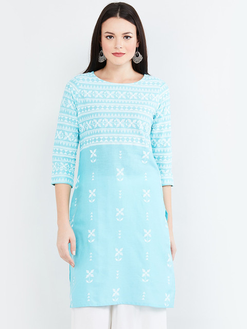 

max Women Blue & White Printed Straight Kurta