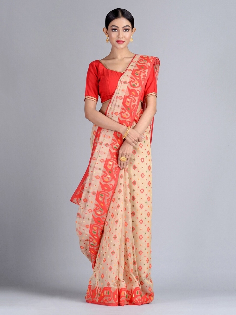 

Mitera Beige & Red Silk Cotton Woven Design Handloom Jamdani Saree