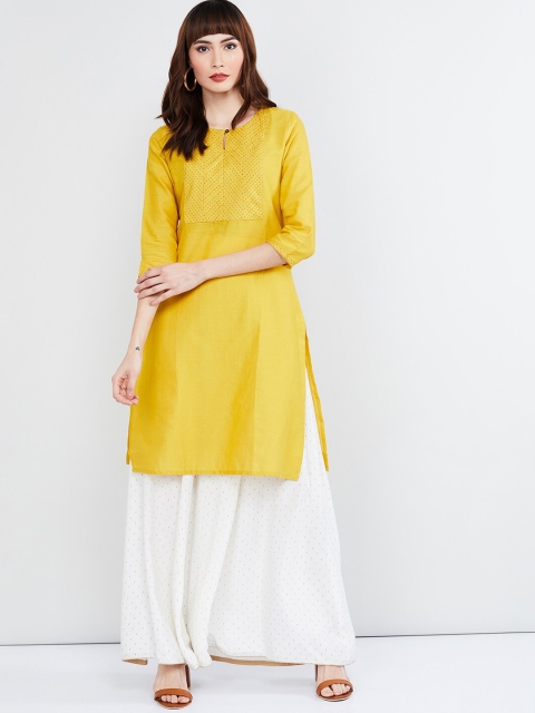 max Women Mustard Yellow Embroidered Straight Kurta