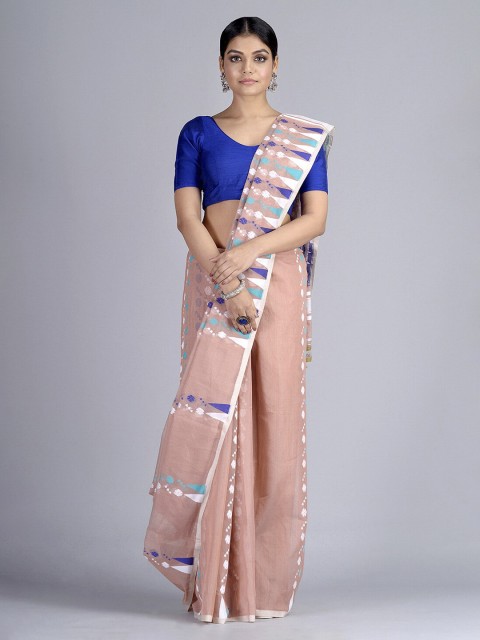 

Mitera Peach-Coloured & Blue Silk Cotton Woven Design Handloom Jamdani Saree