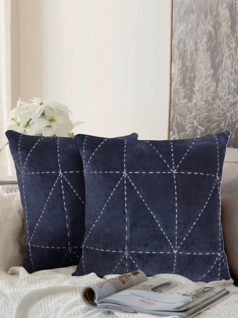 

LUXENMEAD Navy Blue Set of 2 Embroidered Square Velvet Cushion Covers