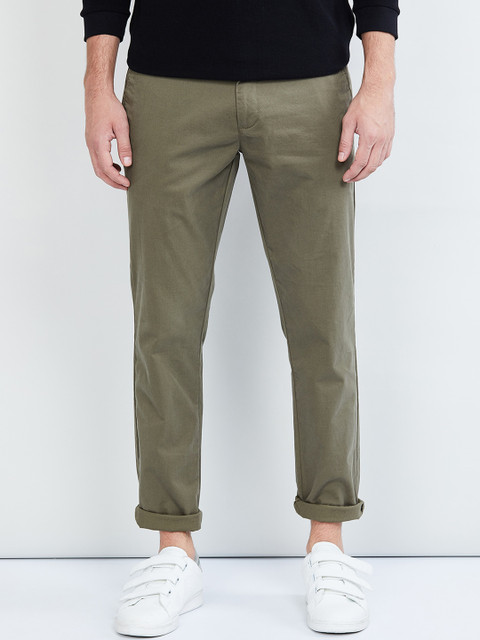 

max Men Olive Green Regular Fit Solid Trousers
