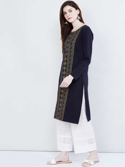 

max Women Navy Blue & Gold-Coloured Printed Straight Kurta