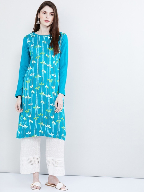 

max Women Blue & White Embroidered A-Line Kurta