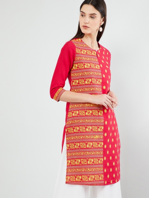 

max Women Fuchsia Pink & Yellow Woven Design Straight Kurta