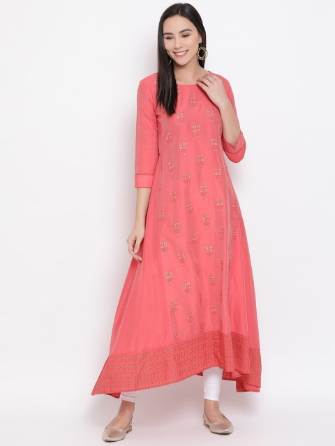 

Span Women Coral Pink Embroidered A-Line Kurta