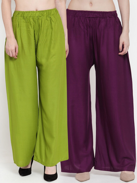 

TAG 7 Women Pack Of 2 Solid Flared Palazzos, Green