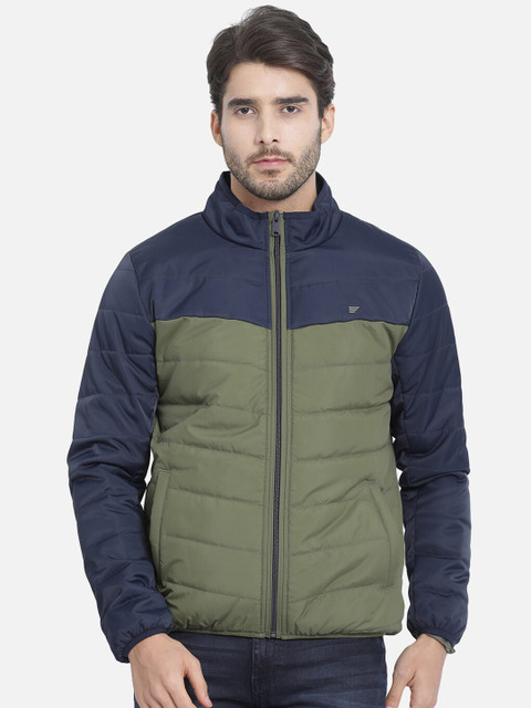 

t-base Men Navy Blue & Olive Green Colourblocked Lightweight Puffer Jacket