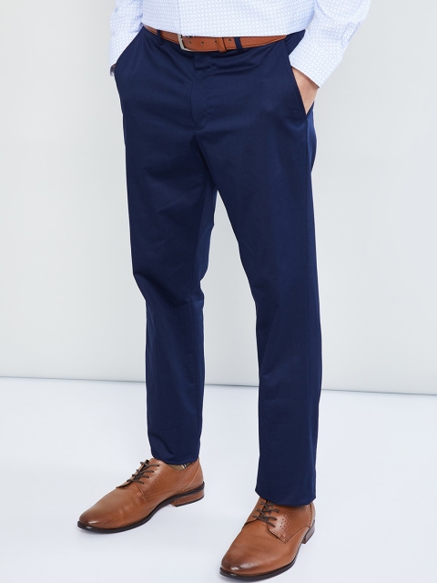 

max Men Navy Blue Skinny Fit Solid Formal Trousers